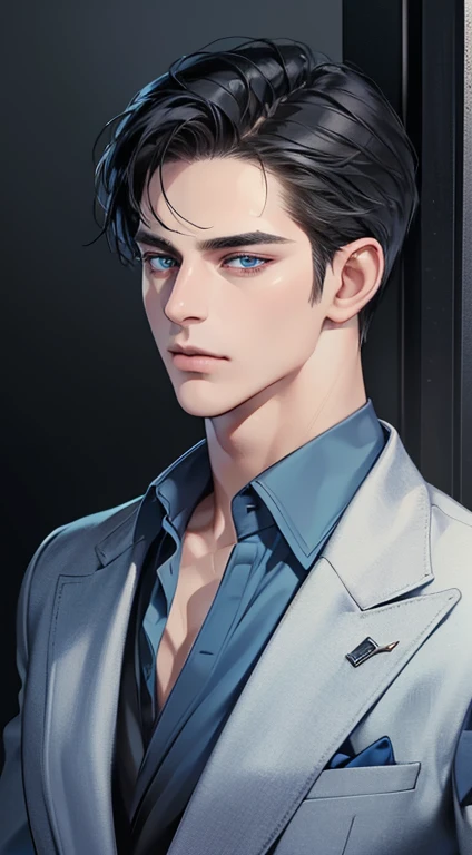 (best quality, masterpiece, 8K, photorealistic, cinematic lighting, 1:4 hdr image, ultra detailed, beautiful image), a mature man, 34 years very handsome, ((cold expression)), short black hair, blue eyes, face perfect without mistakes, ((buttoning his jacket, CEO))