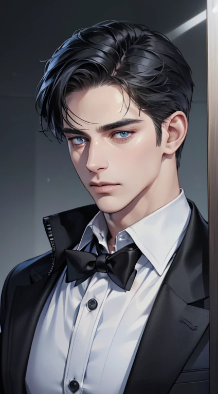 (best quality, masterpiece, 8K, photorealistic, cinematic lighting, 1:4 hdr image, ultra detailed, beautiful image), a mature man, 34 years very handsome, ((cold expression)), short black hair, blue eyes, face perfect without mistakes, ((buttoning his jacket, CEO))
