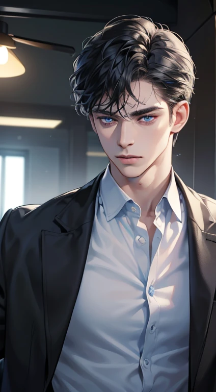 (best quality, masterpiece, 8K, photorealistic, cinematic lighting, 1:4 hdr image, ultra detailed, beautiful image), a mature man, 34 years very handsome, ((cold expression)), short black hair, blue eyes, face perfect without mistakes, ((buttoning his jacket, CEO))