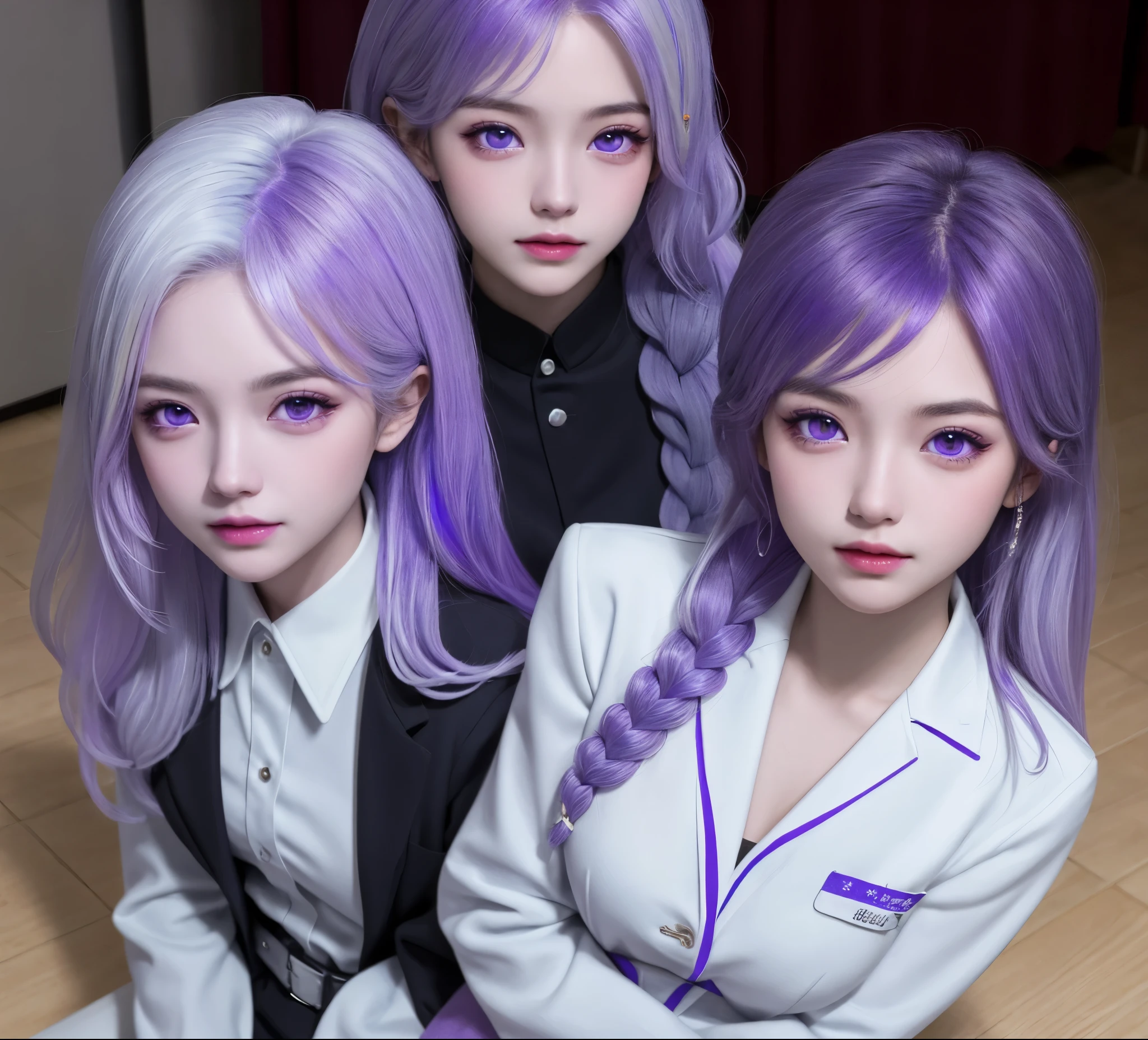 (masterpiece), (high quality), (8k resolution), (RAW photos), (best quality), (masterpiece:1.5), (Practical:1.5), ((photo Practical)), Vivid details, hyper Practical,2 Girls, (Lovely:1.2), beautiful, high quality、Delicate face, Perfect face, (purple hair and white hair:1.4), Red face,Two braids, delicate eyes, (Purple Eyes),Colored eyes,(Big watery eyes),National Foundation,, slim body, looking at the audience, Shut up, Real human skin, shiny skin, Mid-chest, ((Uniforms)), sit, floor,