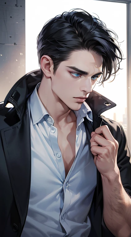 (best quality, masterpiece, 8K, photorealistic, cinematic lighting, 1:4 hdr image, ultra detailed, beautiful image), a mature man, 34 years very handsome, ((cold expression)), short black hair, blue eyes, face perfect without mistakes, ((buttoning his jacket, CEO))