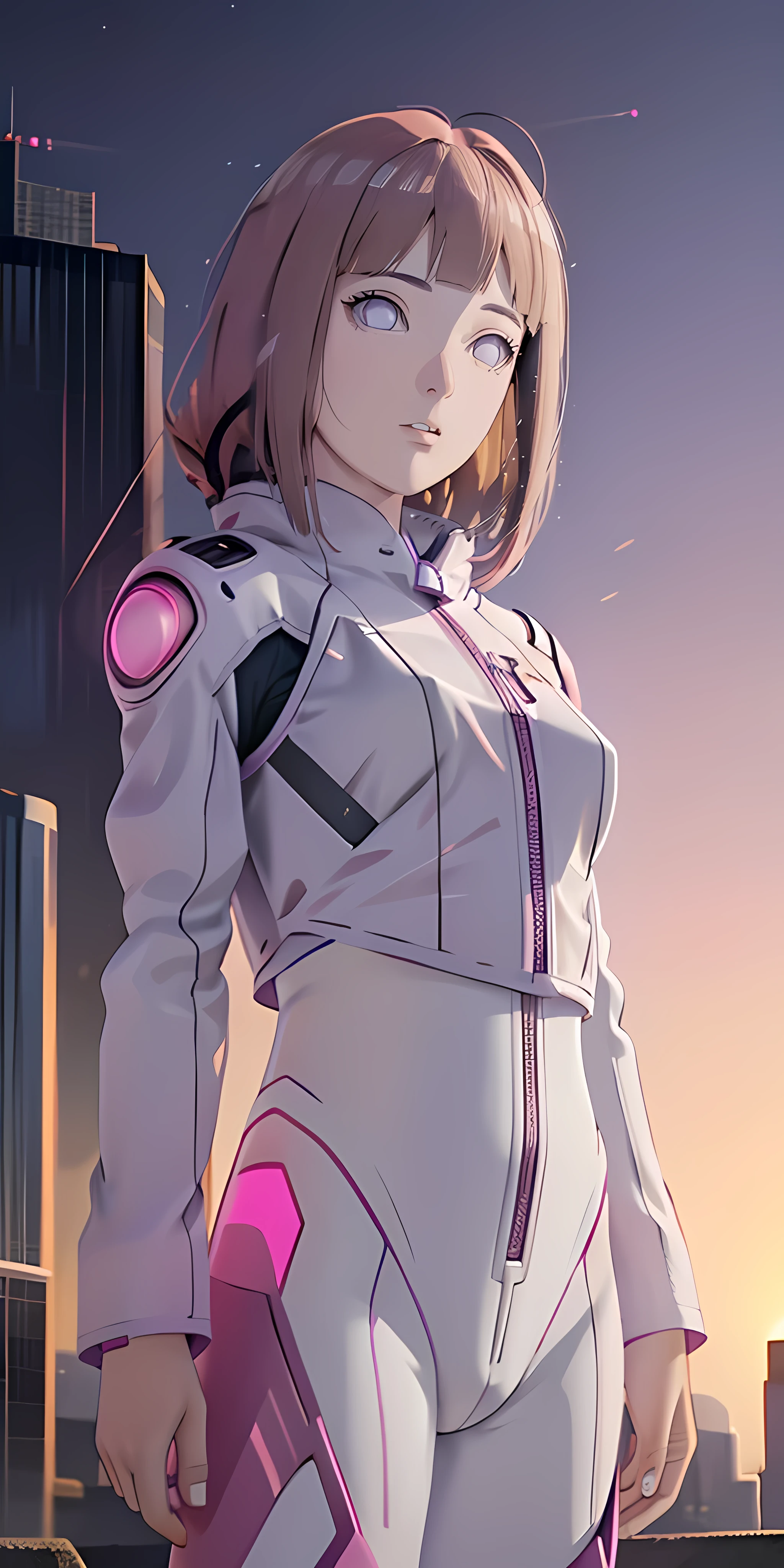 ((masterpiece, best quality, extremely detailed), volumetric lighting, ambient occlusion, colorful, glowing),
1girl, solo, young girl, (pink hair), long hair, halo, aura, sacred, godness, cyber suit, (white outfit:1.3), android, bot, angel wings,
outdoors, sunset, sky, clouds, space, (cyberpunk theme:1.2),