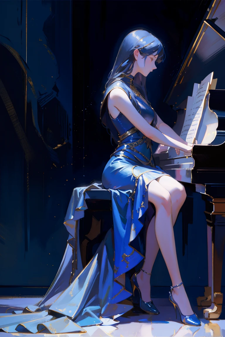 Obra maestra, La mejor calidad, 1girl, Pintura digital, HDR, Pintura estilo Pixar, escorzo, 8K extremadamente detallado, High resolution, Calidad Ultra, Estilo Disney moderno, Anastasia, (((tocar el piano))) while sitting on the piano bench, Mirando las manos, (symmetrical pretty face), (intrincado, Altamente detallado), dark purple wavy hair, (Matching blue-gray eyes), Perfect symmetry, vestido adornado. --auto