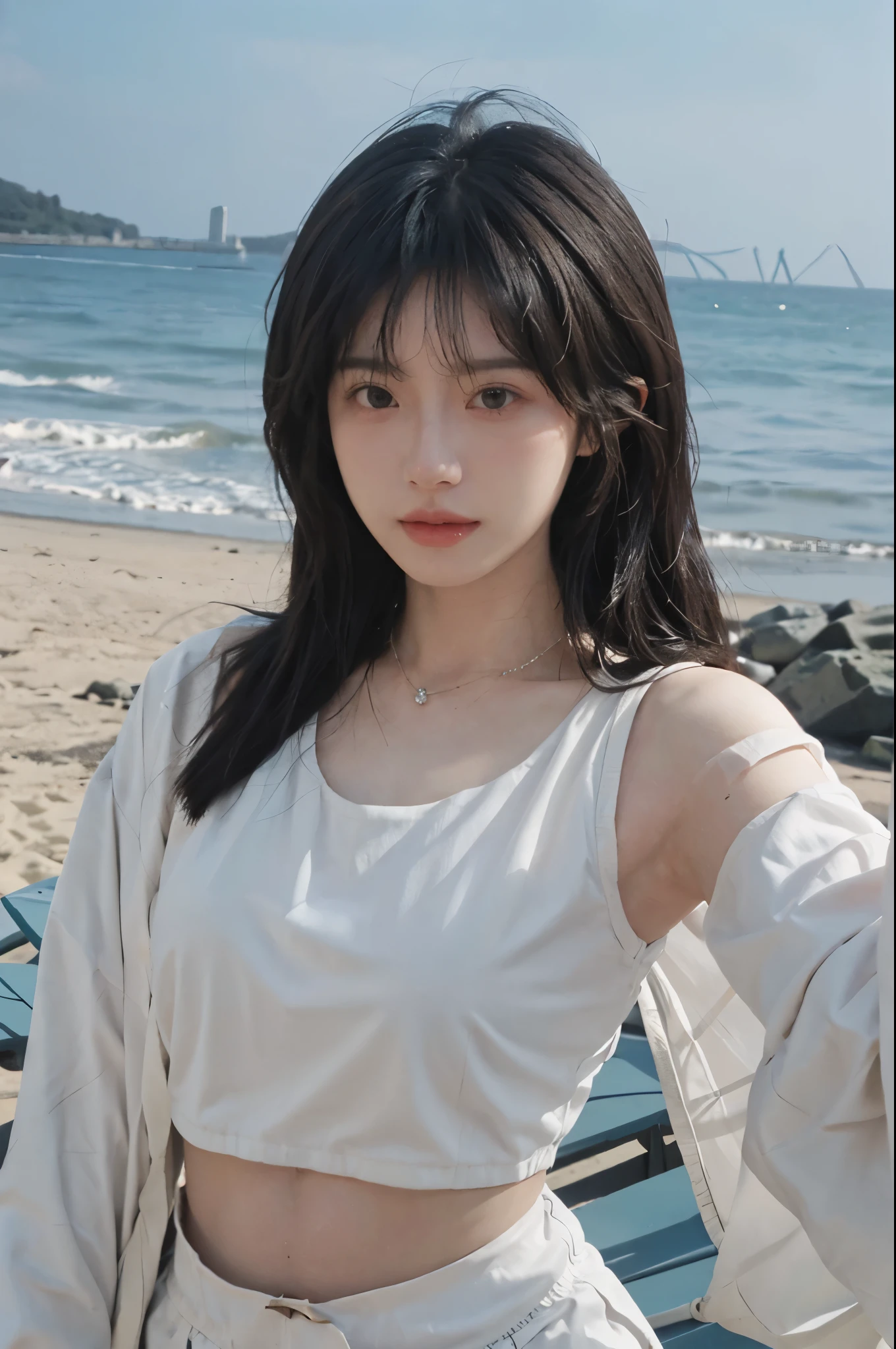 Best quality，Ultra-high resolution，（lifelike：1.4），Cute hairpin，1girll，Long curly hair，jk，Blush，Slim beauty：1.4，Visible abdominal muscles，on the beach，Ultra-fine face，Exquisite eyes，Double eyelids，necklace