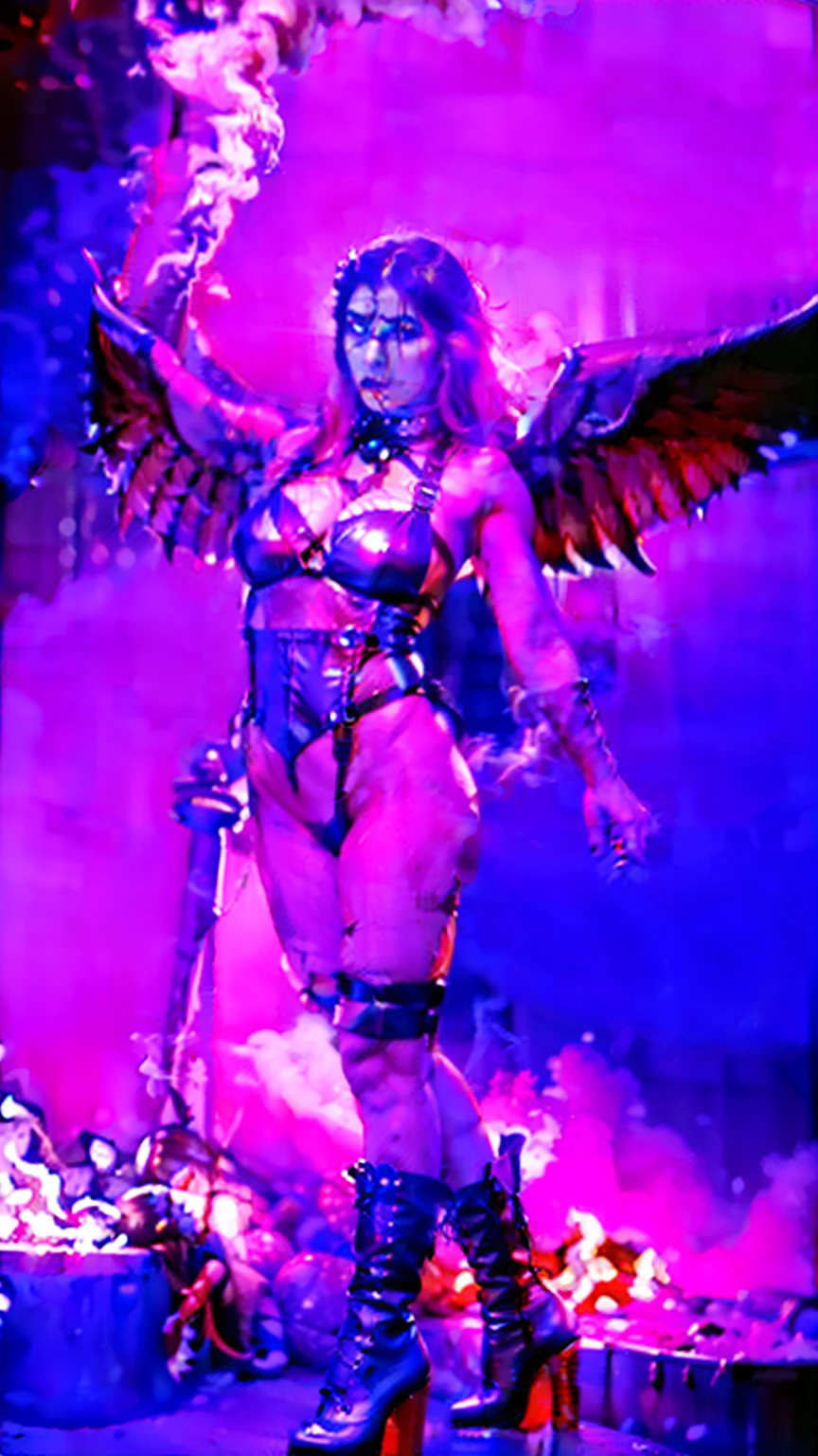 Photorealism, The world sky of the demon world, the audacious goddess Lilith, a girl dressed in a leather harness and high-heeled boots, chest, harness, soul to plow, majestic wings, smoke, radiance, hyperrealism, 9:16
