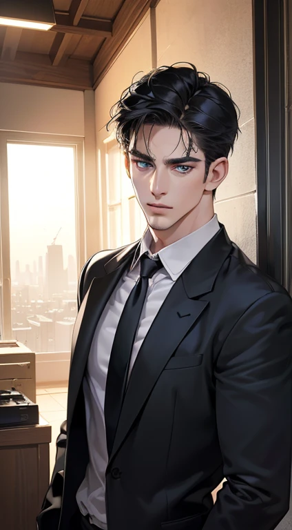(best quality, masterpiece, 8K, photorealistic, cinematic lighting, 1:4 hdr image, ultra detailed, beautiful image), a mature man, 34 years very handsome, ((cold expression)), short black hair, blue eyes, face perfect without mistakes, ((buttoning his jacket, CEO))