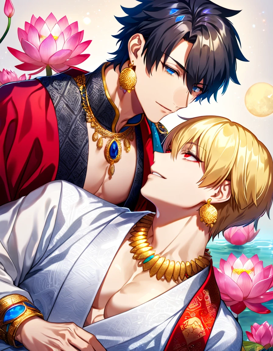 (absurdres, highres, ultra detailed, HDR) master piece, best quality, perfect face, delicated features, Gilgamesh, blonde hair, with bangs, short hair, expressive red eyes, fate/grand order, Fujimaru Ritsuka, black hair, expressive blue eyes, two sexy men together, gay couple, yaoi, handsome, toned chest, red haori, white kimono with accessories, patterns, golden earrings, arabian, pink lotus, water, magical moon