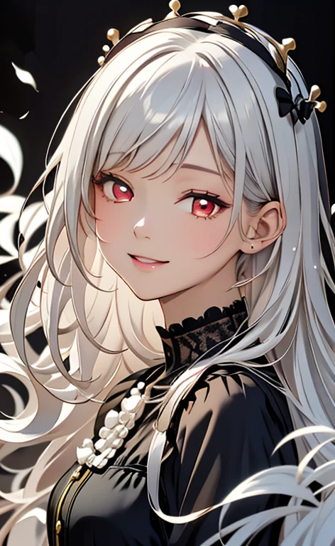 (Photorealistic:1.4)、asuna,(masterpiece、lens flare:1.5、spot light:1.2、Exquisite beautiful eyeonochrome:1.5,portlate、)(little devil:1.3),()
、Cute Face、 3D Face、(pearl white hair:1.5)、(wavy hair:1.3),(1 Girl)、(Red eyes:1.2)、(upper body)、(happy:1.5)、(head tilt) ,(Cute face:1.2),(flat chest),(half closed eyes:1.3),kind face,(white lace frilled gothic lolita),(black background:1.5)、(glowing eyes:1.3)、(little crown:1.3)、 Neat and clean、Adorable、Slim Body(Tareme:1.5),Shiny Hair、(Glowing pink Skin)、Nijisketch,Manga,beautifuljapanesewoman