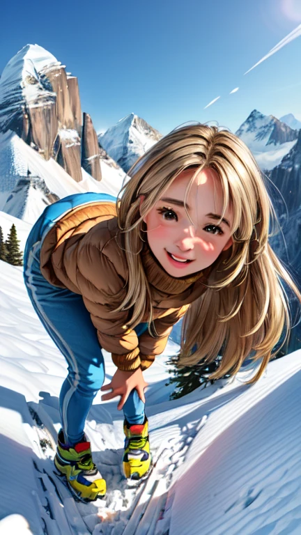 (highest quality,4K,High resolution,masterpiece:1.2),Super detailed,(Realistic,photoRealistic,photo-Realistic:1.37),Beautiful and detailed scenery,A girl climbs a slope from behind,Detailed view of the majestic mountain peak,(Winter outdoor climber style) clothing,A person reaching out to the sunlight from a mountaintop,Beautiful earthy color landscape,Filled with hope and optimism,Expressions that evoke warm and welcoming feelings,Focus on the landscape,Small portrait of a girl,The girl looks like she is having fun and wants to have fun.