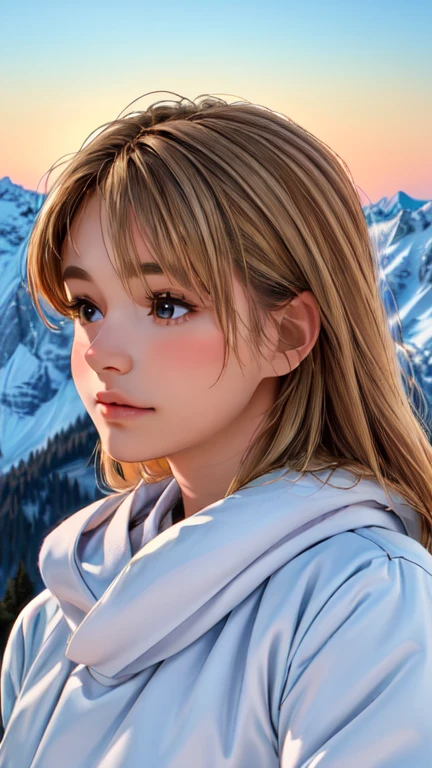 (highest quality,4K,High resolution,masterpiece:1.2),Super detailed,(Realistic,photoRealistic,photo-Realistic:1.37),Beautiful and detailed scenery,A girl climbs a slope from behind,Detailed view of the majestic mountain peak,(Winter outdoor climber style) clothing,A person reaching out to the sunlight from a mountaintop,Beautiful earthy color landscape,Filled with hope and optimism,Expressions that evoke warm and welcoming feelings,Focus on the landscape,Small portrait of a girl,The girl looks like she is having fun and wants to have fun.