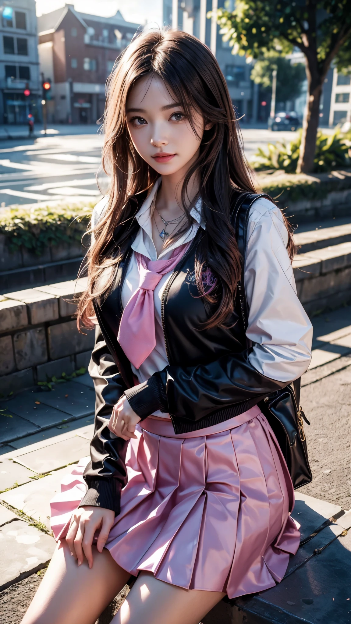 8K, UHD, masterpiece, 1 girl, good face, happy face, detailed eyes, very long hair, necklace, (school uniform), (pink skirt), tie, school bag, in the bridge, cloudy weather, realism, depth of field, 3d, unreal engine 5, ray tracing, flowing wind, sitting,