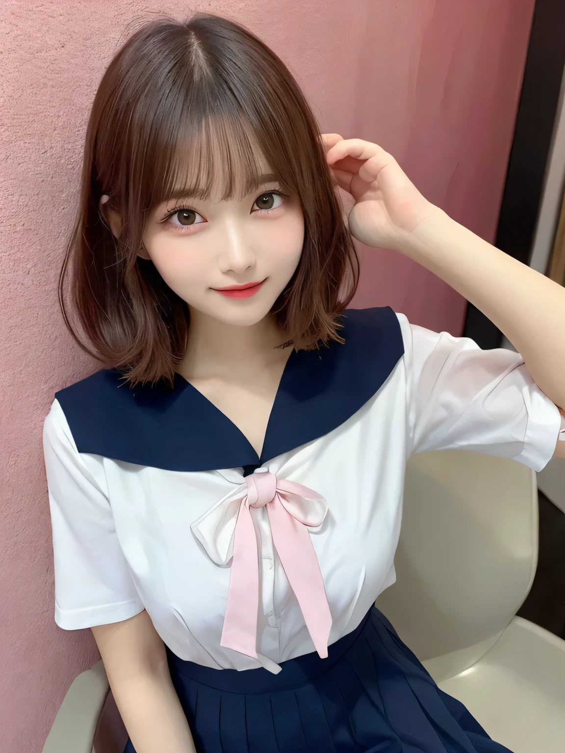 highest quality, figure, Pink Hair、sexy、slender、Sailor suit、Navy blue exy、Shapely small breasts、sexy、sexy、Very detailed, Fine details,Slim body、slender、Japanese girl、 High resolution, 8k,wallpaper, Perfect dynamic composition, Beautiful fine details, Short Bob Hair、Big Natural Color Lip, smile、Cold Stare,、Cute type、Lolita、Good Eyesle body,Pink wall,Sexy thighs are visible、Sitting in a chair、