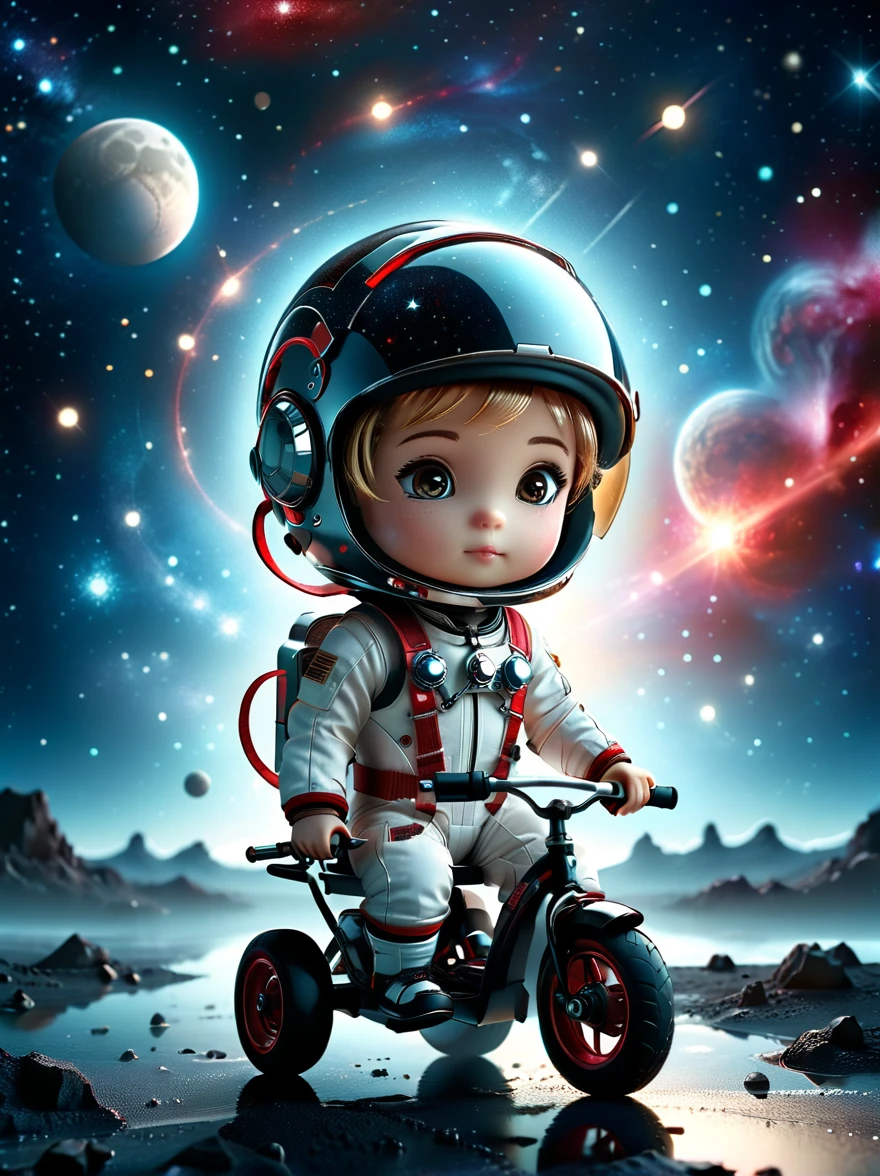 cinematic film still A visually striking chibi-style astronaut is depicted with remarkable detail, wearing a black tinted visor and a crisp white suit with red straps. This adorable hero is captured riding on a child's tricycle with big grippy tires, exploring the surface of the moon. The background showcases a delightful galaxy filled with stars and cosmic wonder. This conceptual art piece blends anime, photography, illustration, and typography to create a whimsical and imaginative portrayal of space exploration.