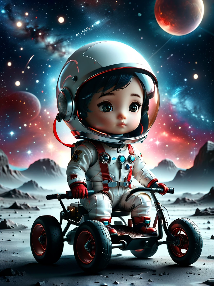 cinematic film still A visually striking chibi-style astronaut is depicted with remarkable detail, wearing a black tinted visor and a crisp white suit with red straps. This adorable hero is captured riding on a child's tricycle with big grippy tires, exploring the surface of the moon. The background showcases a delightful galaxy filled with stars and cosmic wonder. This conceptual art piece blends anime, photography, illustration, and typography to create a whimsical and imaginative portrayal of space exploration.