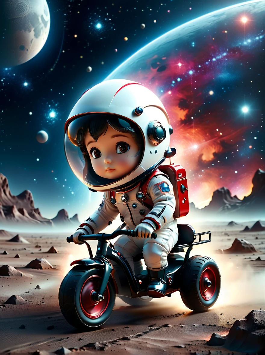 cinematic film still A visually striking chibi-style astronaut is depicted with remarkable detail, wearing a black tinted visor and a crisp white suit with red straps. This adorable hero is captured riding on a child's tricycle with big grippy tires, exploring the surface of the moon. The background showcases a delightful galaxy filled with stars and cosmic wonder. This conceptual art piece blends anime, photography, illustration, and typography to create a whimsical and imaginative portrayal of space exploration.