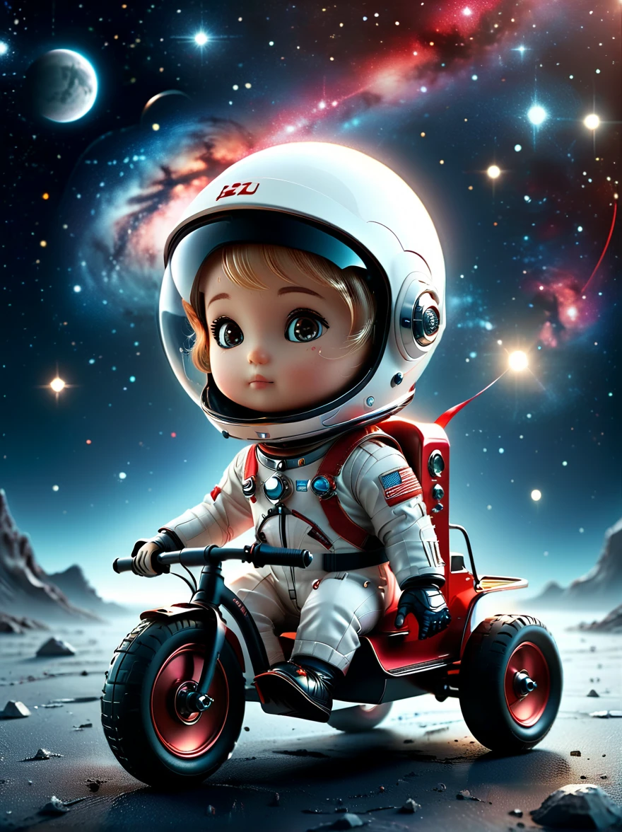 cinematic film still A visually striking chibi-style astronaut is depicted with remarkable detail, wearing a black tinted visor and a crisp white suit with red straps. This adorable hero is captured riding on a child's tricycle with big grippy tires, exploring the surface of the moon. The background showcases a delightful galaxy filled with stars and cosmic wonder. This conceptual art piece blends anime, photography, illustration, and typography to create a whimsical and imaginative portrayal of space exploration.