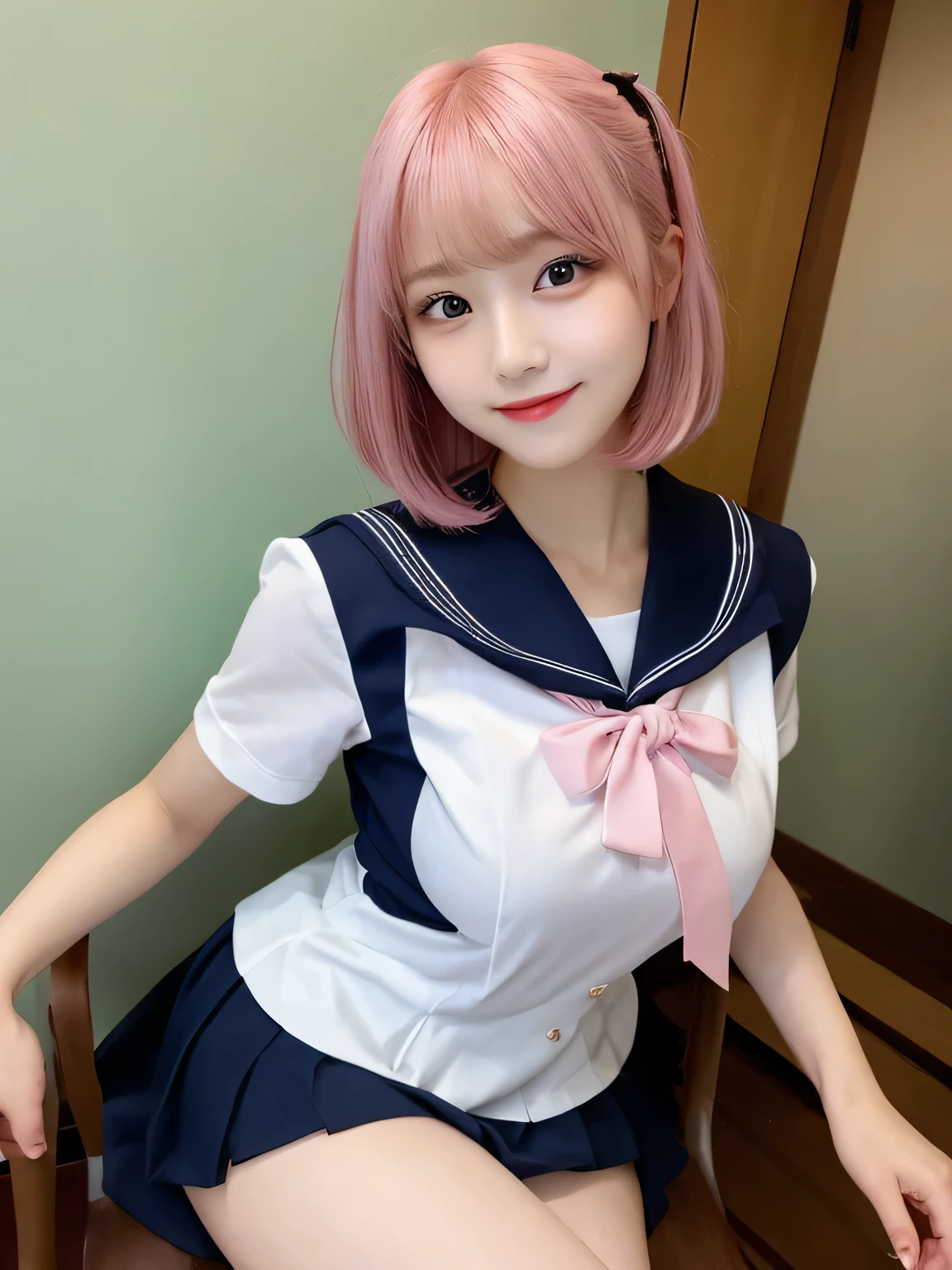 highest quality, figure, Pink Hair、sexy、slender、Sailor suit、Navy blue exy、Shapely small breasts、sexy、sexy、Very detailed, Fine details,Slim body、slender、Japanese girl、 High resolution, 8k,wallpaper, Perfect dynamic composition, Beautiful fine details, Short Bob Hair、Big Natural Color Lip, smile、Cold Stare,、Cute type、Lolita、Good Eyesle body,Pink wall,Sexy thighs are visible、Sitting in a chair、