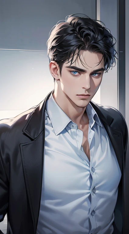 (best quality, masterpiece, 8K, photorealistic, cinematic lighting, 1:4 hdr image, ultra detailed, beautiful image), a mature man, 34 years very handsome, ((cold expression)), short black hair, blue eyes, face perfect without mistakes, ((buttoning his jacket, CEO))