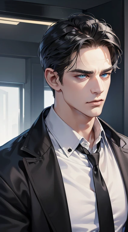 (best quality, masterpiece, 8K, photorealistic, cinematic lighting, 1:4 hdr image, ultra detailed, beautiful image), a mature man, 34 years very handsome, ((cold expression)), short black hair, blue eyes, face perfect without mistakes, ((buttoning his jacket, CEO))