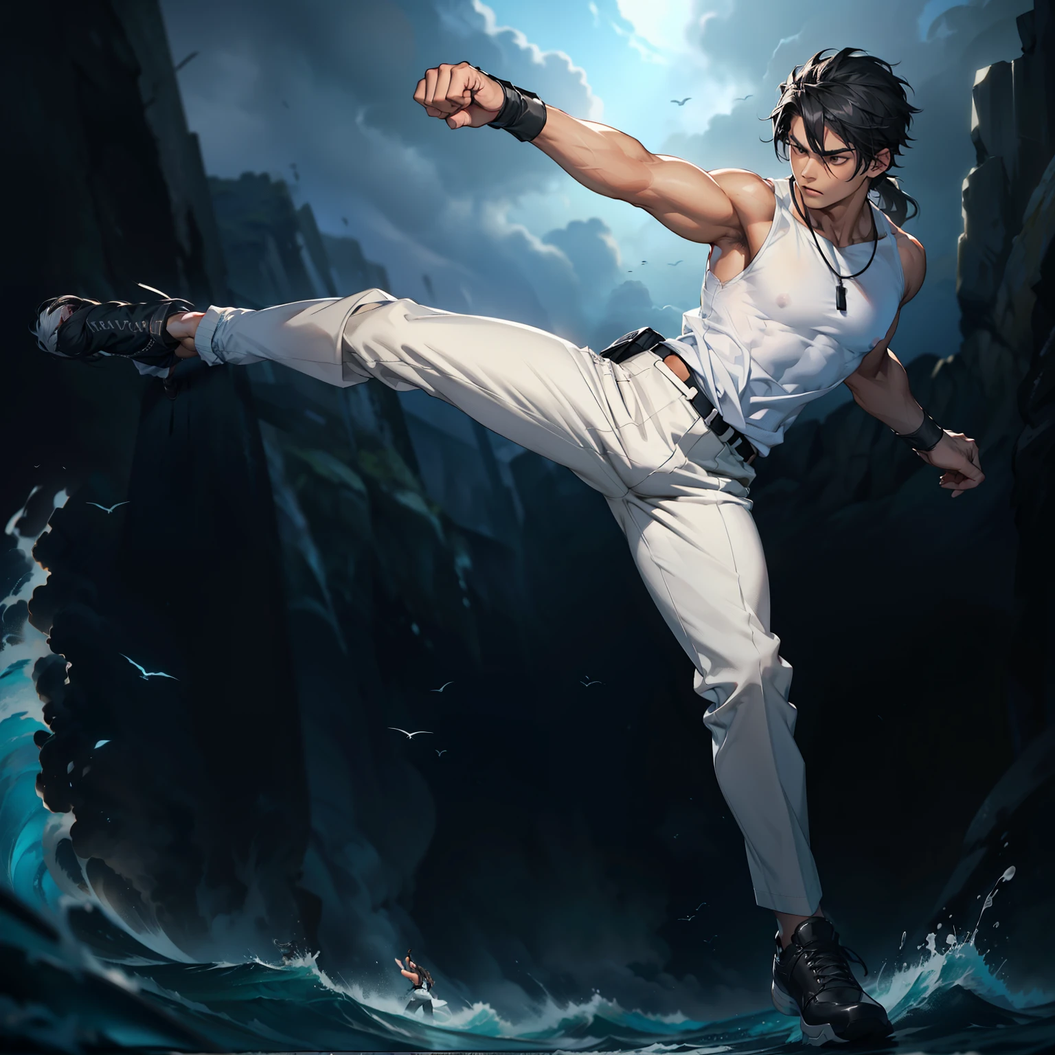 boys 26 Years old, Serious face, muscular, long hair, wearing (white round neck shirts), sleeveless shirts, ((black trousers)), black shoes, ((fighting pose)), standing on ocean, stormy weather