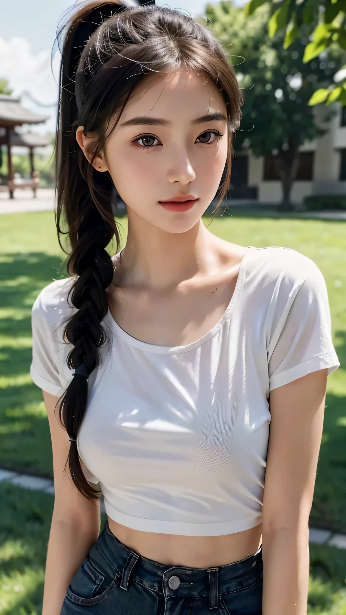 ((Best Quality, 8k, Masterpiece: 1.3)), nsfw2.5, underboob, (Torn clothes: 1.5) ,1 Girl, Beauty with Slender Abs: 1.3, (Dark Brown Hair, Ponytail, Big: 1.2), Wet Body: 1.2, Pool, Super Detail Face, Detail Eye, Double Eyelids, Tank Top, Shirt Lift, See through，nude