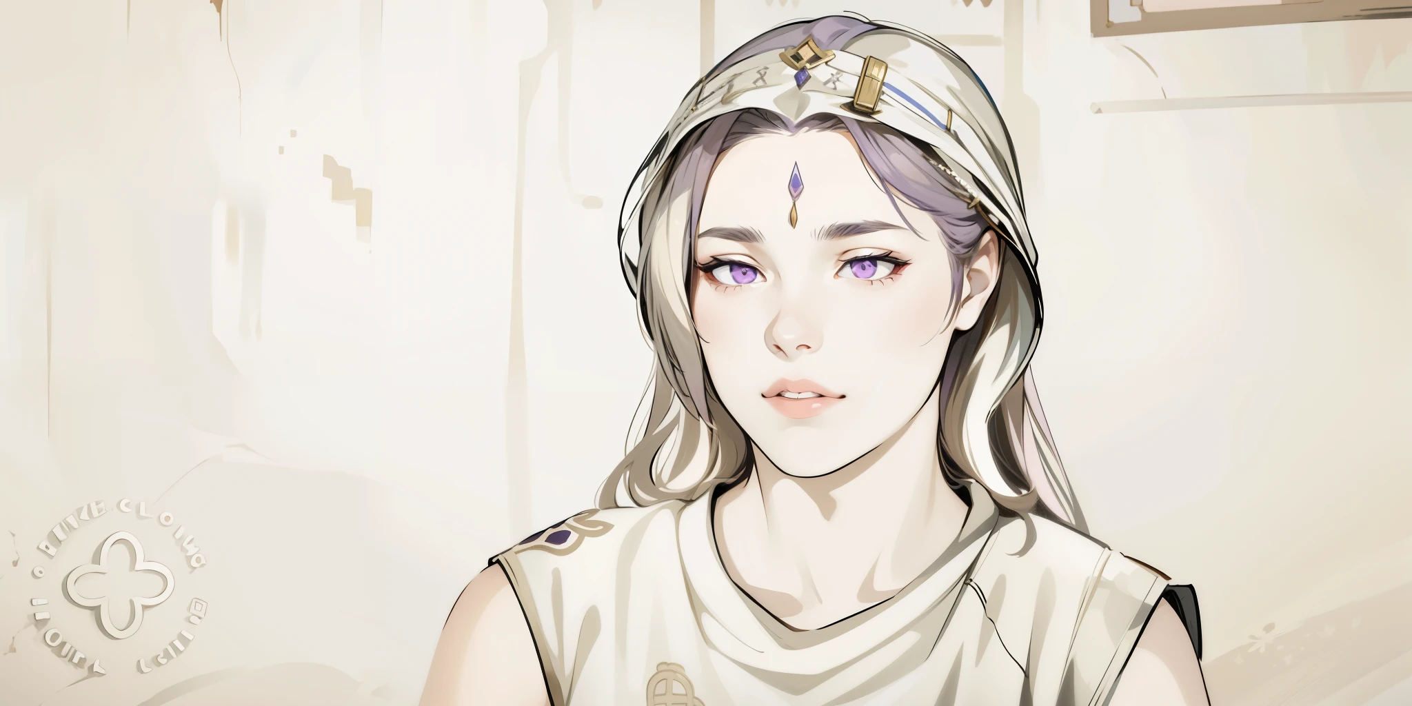 cute girl with purple eyes and hair has ancient arabic clothes she is intelligent cunning beautiful