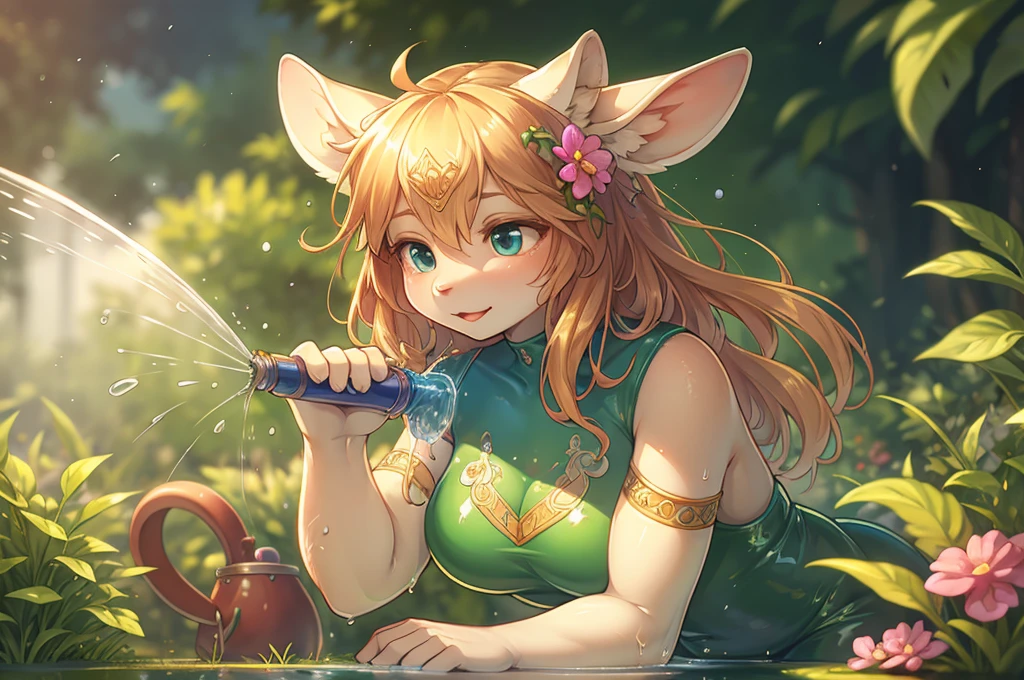 (Mucha style) , Bokeh , Watering the lawn in the garden , Hallucination , Daydream , female , Squirting water from long Rubber hose , Water droplets fluttering