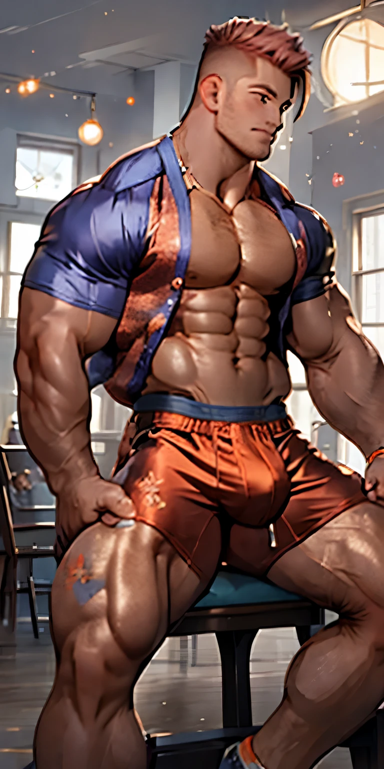 (masterpiece, best quality), 2 boy, young man,Shyness blush,musculous, short blue purple and pink-orange hair, Dark gray eyes, complex, (dress room), full bodyesbian, White baseball uniform, Open light purple jacket, Pectoralis abdominal muscles,vivd colour,(depth of fields:1.2),(abs),Be red in the face,l huge bulge ooking at viewert,A piano,spread their legs,giant, fills the room , extremely tall, extremely muscular, extremely huge bulge , hyper muscular, superhuman,