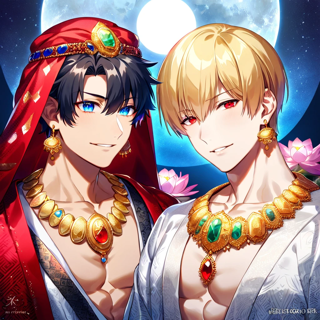 (absurdres, highres, ultra detailed, HDR) master piece, best quality, perfect face, delicated features, Gilgamesh, blonde hair, with bangs, short hair, expressive red eyes, fate/grand order, Fujimaru Ritsuka, black hair, expressive blue eyes, two sexy men together, gay couple, yaoi, handsome, toned chest, red haori, white kimono with accessories, patterns, golden earrings, arabian, pink lotus, water, magical moon