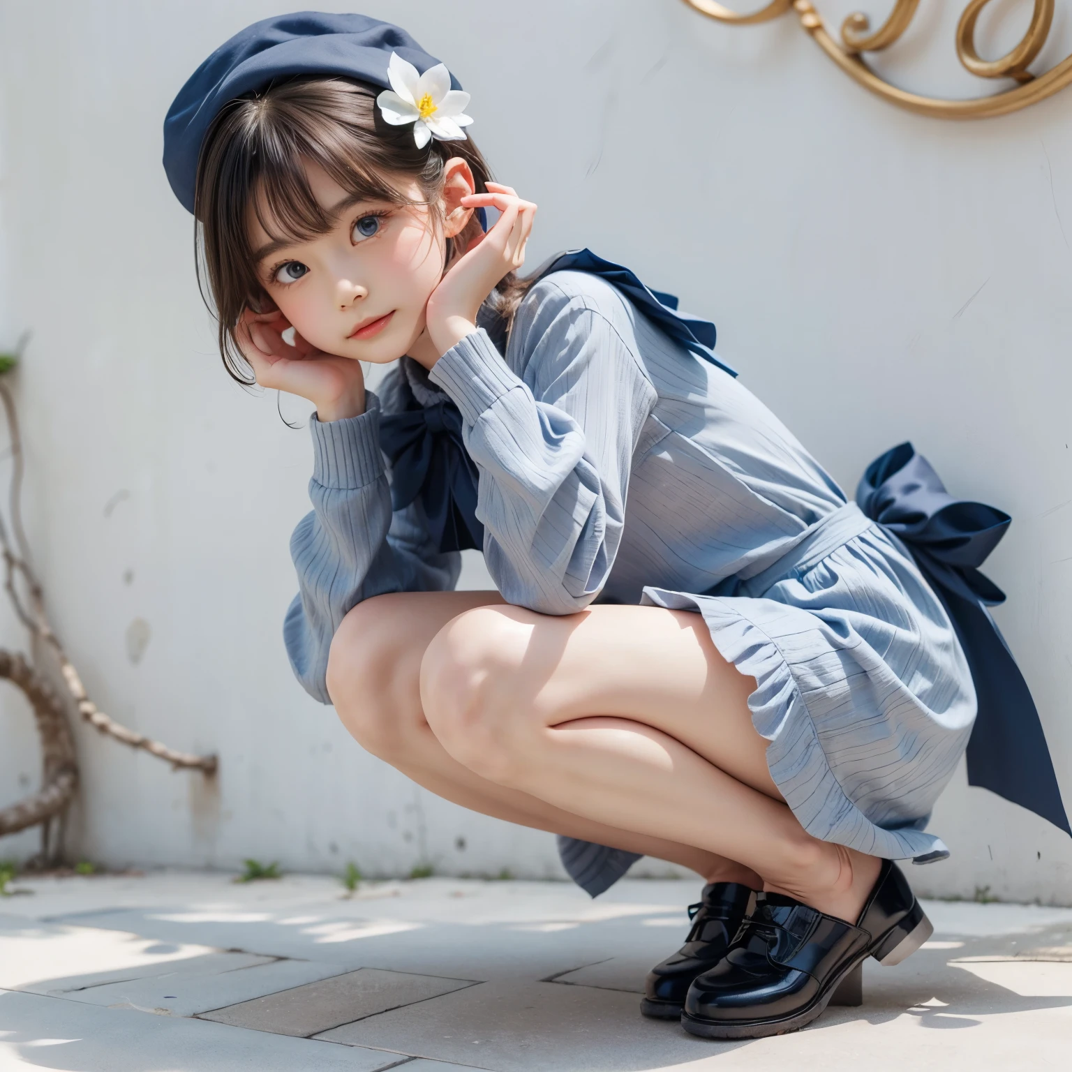 detailed face, cute face, uekura, One girl, Blonde Hair, White Background, Have, dress, Blue footwear, wing, Simple Background, sign, flower, Manicure, Wide sleeves, Long sleeve, blush, animal, white flower, alone, whole body, bird, View Viewer, High heels, Put your hand on your cheek, put your hand on your face, Frills, bow, bangs, ribbon, Bell, Blue hat, +_+, shoes, short hair, Grey Eyes, shoes, Blue Claws, feathered wing, blue bow