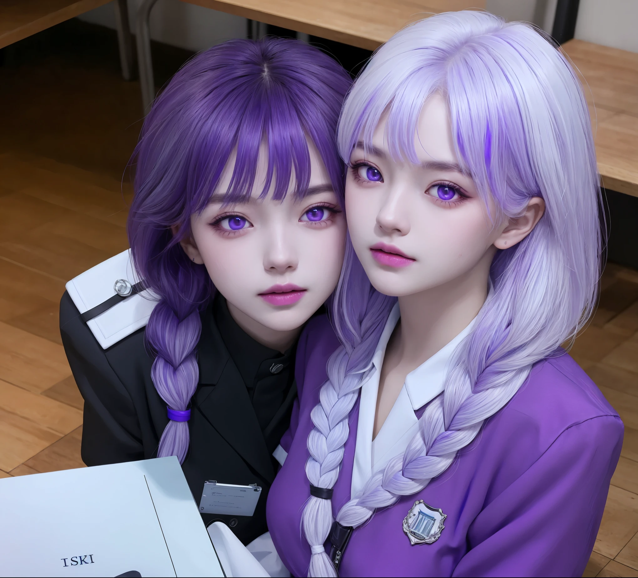 (masterpiece), (high quality), (8k resolution), (RAW photos), (best quality), (masterpiece:1.5), (Practical:1.5), ((photo Practical)), Vivid details, hyper Practical,2 Girls, (Lovely:1.2), beautiful, high quality、Delicate face, Perfect face, (purple hair and white hair:1.4), Red face,Two braids, delicate eyes, (Purple Eyes),Colored eyes,(Big watery eyes),National Foundation,, slim body, looking at the audience, Shut up, Real human skin, shiny skin, Mid-chest, ((Uniforms)), sit, floor,