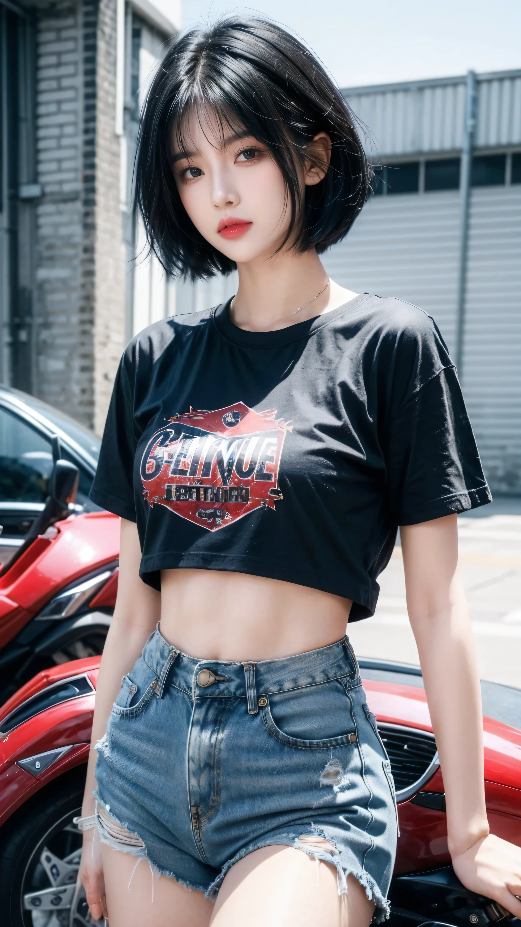 best quality, 1 Girl, dark blue hair, black eyes, Very short hair, Spiky hair, white and red TEXT oversize t-shirt, High waist short jeans, 171 cm, Messy hair, Hair between the eyes, Medium breasts, full, Tomboy, aldult, 20 years old, 1 Girl near red motorcycle