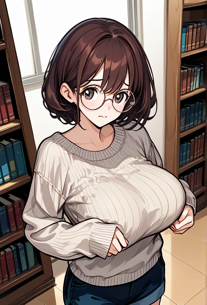 (mature woman, curvy body, big breast), (round hairstyle, bob hairstyle, brunette hair), oversized hazel sweater, (cute face, shy face, sheepish expression), round glasses, (embarrassed pose), short pants, library, above view