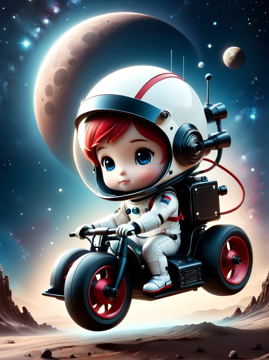 cinematic film still A visually striking chibi-style astronaut is depicted with remarkable detail, wearing a black tinted visor and a crisp white suit with red straps. This adorable hero is captured riding on a 's tricycle with big grippy tires, exploring the surface of the moon. The background showcases a delightful galaxy filled with stars and cosmic wonder. This conceptual art piece blends anime, photography, illustration, and typography to create a whimsical and imaginative portrayal of space exploration.