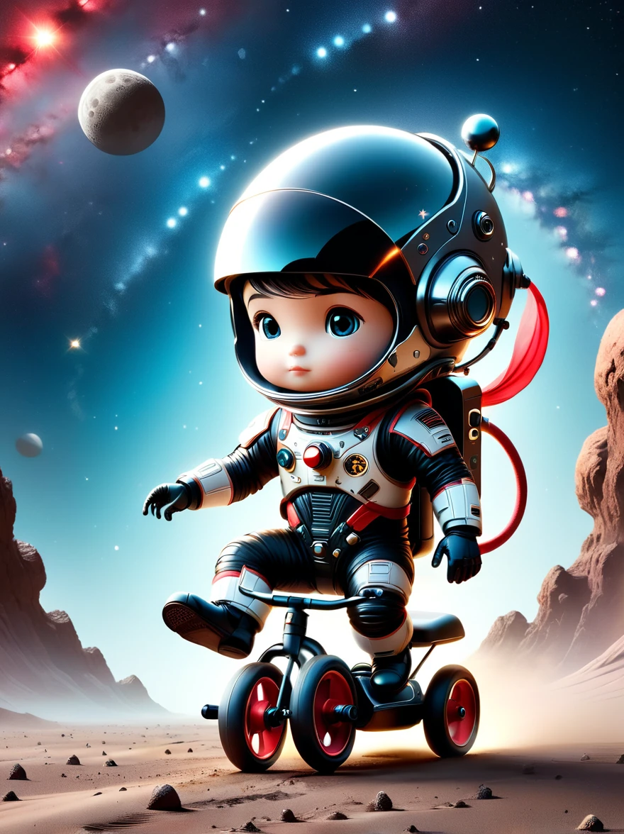 cinematic film still A visually striking chibi-style astronaut is depicted with remarkable detail, wearing a black tinted visor and a crisp white suit with red straps. This adorable hero is captured riding on a child's tricycle with big grippy tires, exploring the surface of the moon. The background showcases a delightful galaxy filled with stars and cosmic wonder. This conceptual art piece blends anime, photography, illustration, and typography to create a whimsical and imaginative portrayal of space exploration.