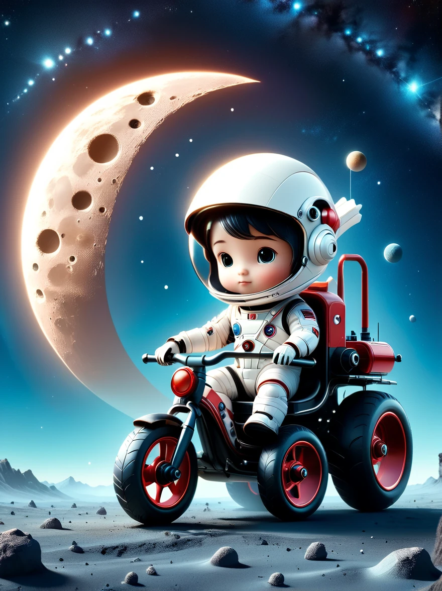 cinematic film still A visually striking chibi-style astronaut is depicted with remarkable detail, wearing a black tinted visor and a crisp white suit with red straps. This adorable hero is captured riding on a child's tricycle with big grippy tires, exploring the surface of the moon. The background showcases a delightful galaxy filled with stars and cosmic wonder. This conceptual art piece blends anime, photography, illustration, and typography to create a whimsical and imaginative portrayal of space exploration.