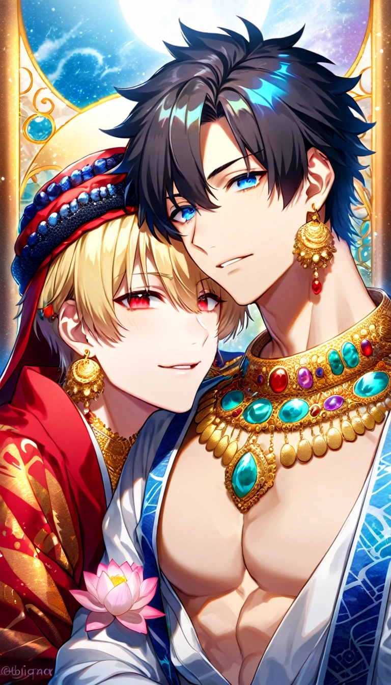 (absurdres, highres, ultra detailed, HDR) master piece, best quality, perfect face, delicated features, Gilgamesh, blonde hair, with bangs, short hair, expressive red eyes, fate/grand order, Fujimaru Ritsuka, black hair, expressive blue eyes, two sexy men together, gay couple, yaoi, handsome, toned chest, red haori, white kimono with accessories, patterns, golden earrings, arabian, pink lotus, water, magical blue moon