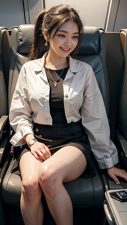  highest quality, Realistic, Very detailed, finely, High resolution, 8k wallpaper, Beautiful woman,, Light brown ponytail hair, stewardess, Perfect dynamic composition, finelyて美しい目,  Realistic , smile,  Model Body Type、Earrings,garnet necklace,(Wearing a watch 1),Beautiful legs,Sitting in an airplane seat、talk、Chatting,Full Body Shot:1.3,Smile and laugh,
