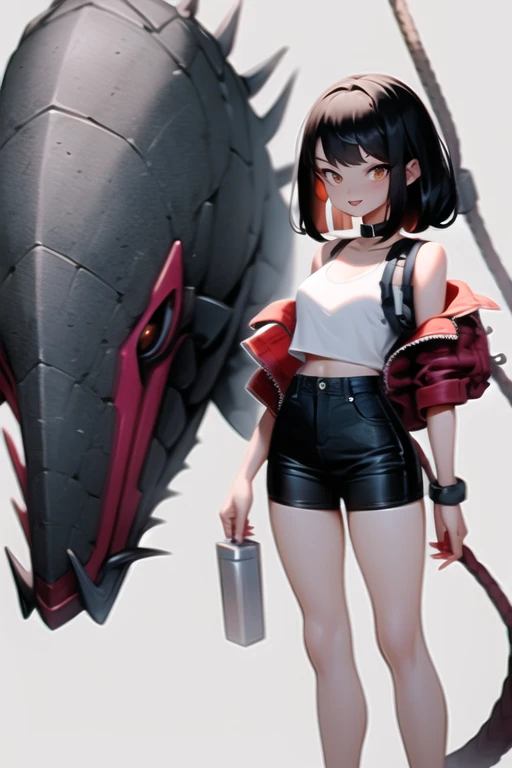 A masterpiece quality, ultra-detailed, high quality, high resolution portrait of an Argentine Vtuber named NimuVT. She has two-tone hair with short black hair with slightly messy bangs, long red hair with the interior colored black, and her hair partially covers her eyes. She has dark, penetrating brown eyes, and one eye is black and the other red. She has a thin, well-defined build and a busty figure. She is smiling with an open mouth, blushing, and wearing a black choker. She is dressed in torn black shorts, blue tennis shoes, and a pink cropped blouse with straps. She is holding an axe in her right hand, has a backpack on her back, and is wearing a jacket with bare shoulders. She is looking at the viewer against a black background.