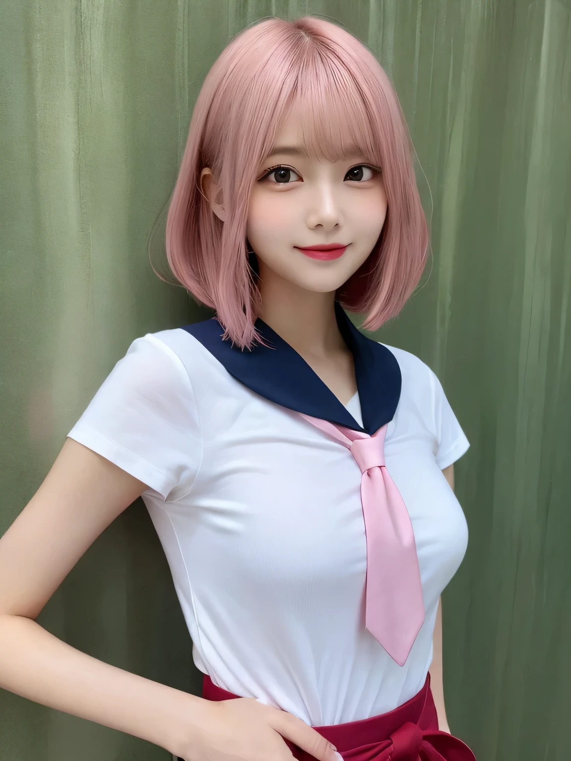 highest quality, figure, Pink Hair、sexy、slender、Red tie、White shirt with front opening、Navy blue exy、Shapely small breasts、sexy、sexy、Very detailed, Fine details,Slim body、slender、Japanese girl、 High resolution, 8k,wallpaper, Perfect dynamic composition, Beautiful fine details, Short Bob Hair、Big Natural Color Lip, smile、Cold Stare,14-year-old girl、Cute type、Lolita、Good Eyes、whole body,Pink wall,Sexy thighs are visible、