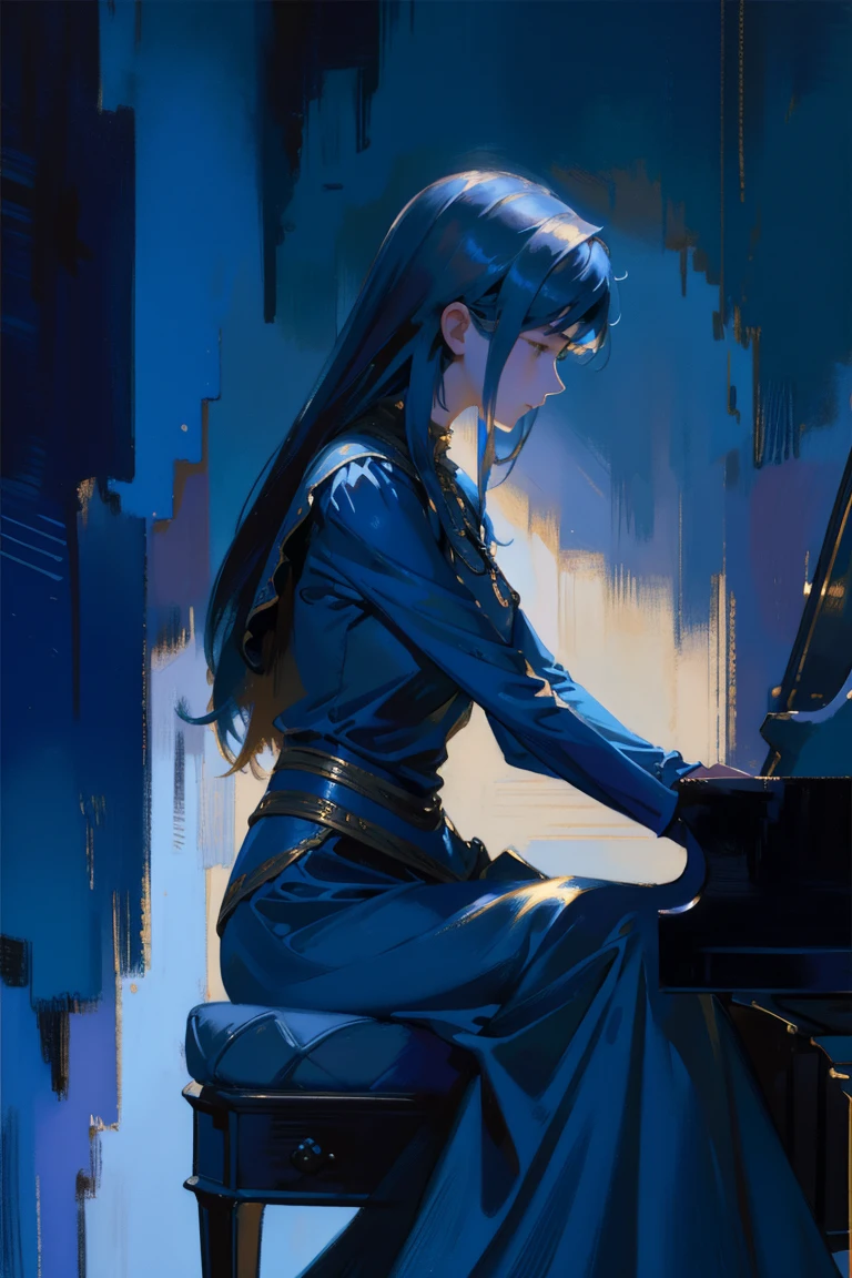 detailed full body portrait,(Piano and girl painting), Blue Dress Andy Jurgens (mandy jurgens) A realistic painting was created, transformation, Figurative art, Detailed Description, Realistically, Artwork, Contour, View from the side, Colorful Noise, Visual clutter,Modern aesthetics、Viennese style、Nocturne Whispers、moonlight