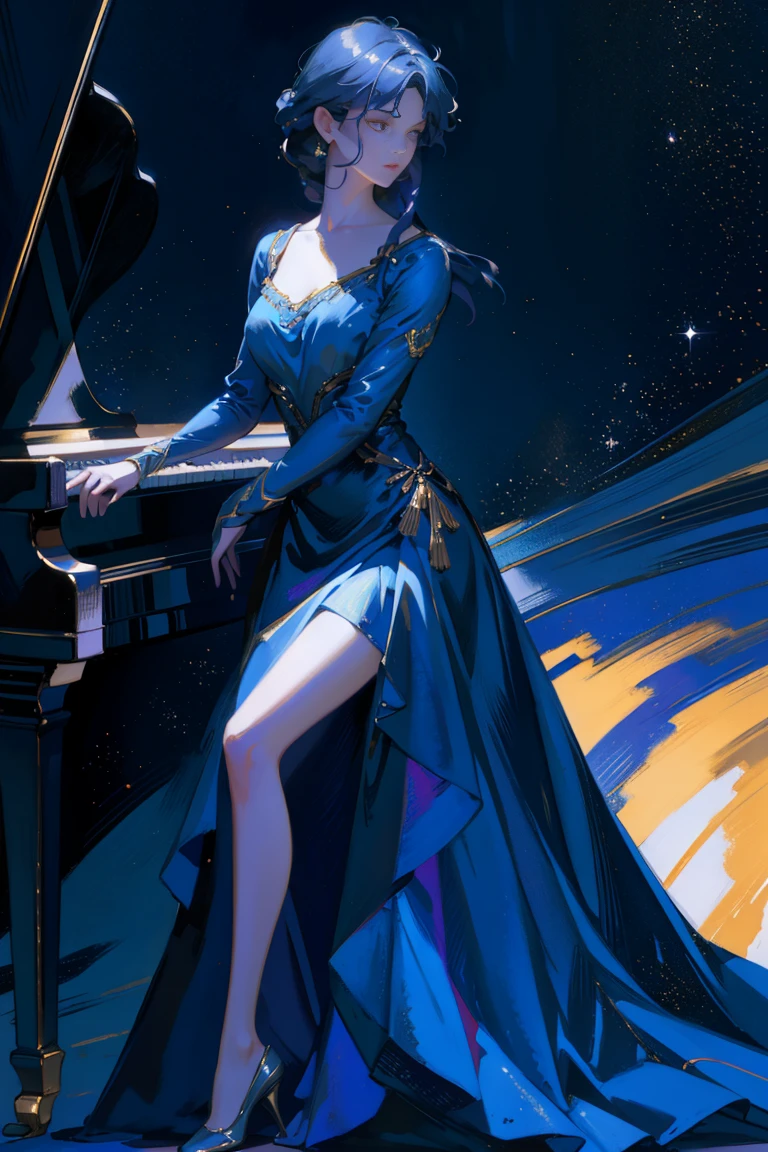 detailed full body portrait,(Piano and girl painting), Blue Dress Andy Jurgens (mandy jurgens) A realistic painting was created, transformation, Figurative art, Detailed Description, Realistically, Artwork, Contour, View from the side, Colorful Noise, Visual clutter,Modern aesthetics、Viennese style、Nocturne Whispers、moonlight