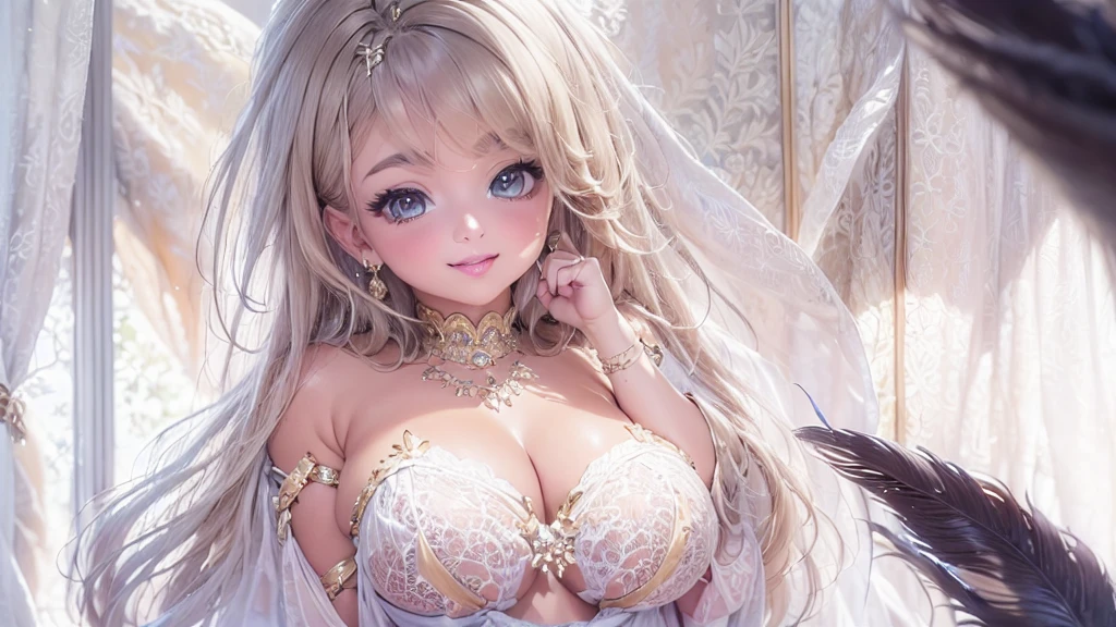 Mature Woman, Looking at the audience, Attractive breasts,Sensual curves、bubble、Full Body Shot,Nightgown, Charming smile, Thick lips, plump唇, blush, Looking at the audience, Provocative expression, Beautiful Hairstyles, Cleavage, plump、Curvy Hips、Attractive face、Mischievous face、Sexy Lingerie、An inviting gaze、Expressing emotions、colored feather, Money属装飾品, particle, Light, (masterpiece, highest quality, highest quality, Official Art, beautifully、aesthetic:1.2), (1 girl:1.3), Very detailed,(Fractal Art:1.1),(colorful:1.1)(flowerズ:1.3),Most detailed, (Dynamic pose), (Shiny skin), (Many colors :1.4), ,(Earrings:1.4), (feather:1.4),masterpiece,Mr.々Hair style，Moneyのヘッドバンド，Tulle covers the chest，Perfect balance, Detailed details of the garment,marble，cinematicLighting, Film Grain, contrast of Light and dark,High detail,(((Gorgeous Accessories))))、Openwork decoration，(((See-through dress)))、(((Anatomically correct body))) ,1 girl, (High resolution), (8k), (Very detailed), Perfect Face, Beautiful eyes and face, (((highest quality))), (Very detailed), Detailed face and eyes, Beautiful Eyes,(((Sexy pose))),Beautiful Eyes、Transparent double eyelids、(((Super gorgeous background)))、Bright Eyes,Money,diamond,gem,Body Chain,Luxury Accessories,beautifully、aesthetic,flower