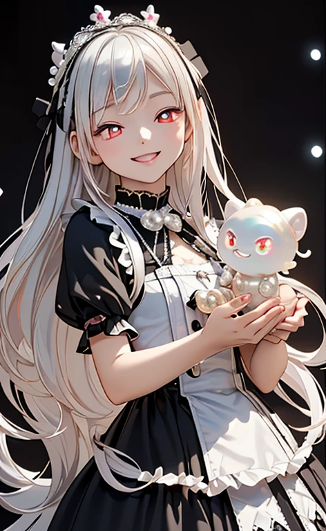 (Photorealistic:1.4)、asuna,(masterpiece、lens flare:1.5、spot light:1.2、Exquisite beautiful eyeonochrome:1.5,portlate、)(little devil:1.3),()
、Cute Face、 3D Face、(pearl white hair:1.5)、(wavy hair:1.3),(1 Girl)、(Red eyes:1.2)、(cowboy shot)、(happy smile:1.5)、(head tilt) ,(Cute face:1.2),(flat chest),(half closed eyes:1.3),kind face,(white lace frilled gothic lolita),(black background:1.5)、(glowing eyes:1.3)、(little crown:1.3)、 Neat and clean、Adorable、Slim Body(Tareme:1.5),Shiny Hair、(Glowing pink Skin)、Nijisketch,Manga,beautifuljapanesewoman