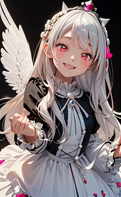 (Photorealistic:1.4)、asuna,(masterpiece、lens flare:1.5、spot light:1.2、Exquisite beautiful eyeonochrome:1.5,portlate、)(little devil:1.3),()
、Cute Face、 3D Face、(pearl white hair:1.5)、(wavy hair:1.3),(1 Girl)、(Red eyes:1.2)、(cowboy shot)、(happy smile:1.5)、(head tilt) ,(Cute face:1.2),(flat chest),(half closed eyes:1.3),kind face,(white lace frilled gothic lolita),(black background:1.5)、(glowing eyes:1.3)、(little crown:1.3)、 Neat and clean、Adorable、Slim Body(Tareme:1.5),Shiny Hair、(Glowing pink Skin)、Nijisketch,Manga,beautifuljapanesewoman
