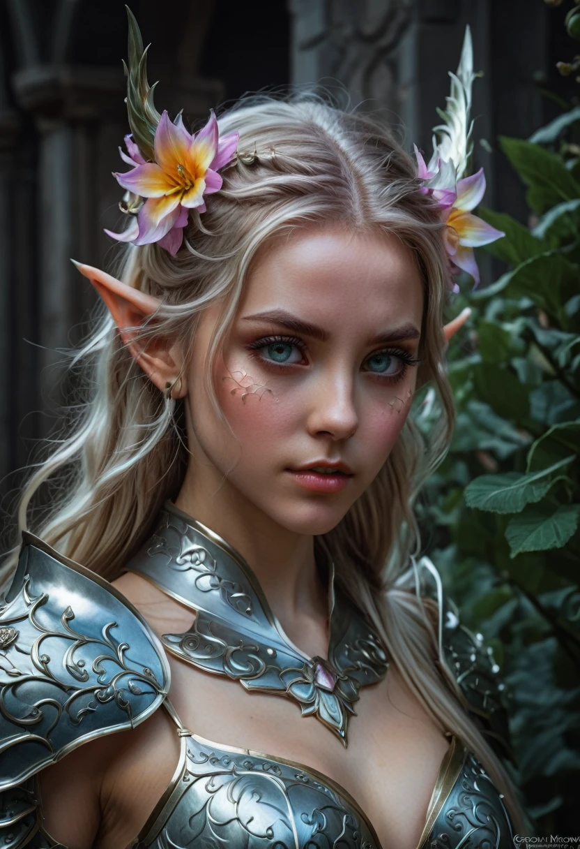 Elf, (long pointed ears:1.5), Artgerm, WLOP, Greg Rutkowski; Beautiful Elf, Detailed Pupils, Intricately Designed Flower Armor, Perfect Face, Photograph Taken on Nikon D750, Intricate, Elegant, Digital Illustration, Scenic, Hyper-Realistic, Hyper-Detailed, 8k sinister by Greg Rutkowski horror Gustave Doré Greg Rutkowski, Super Hero Stance