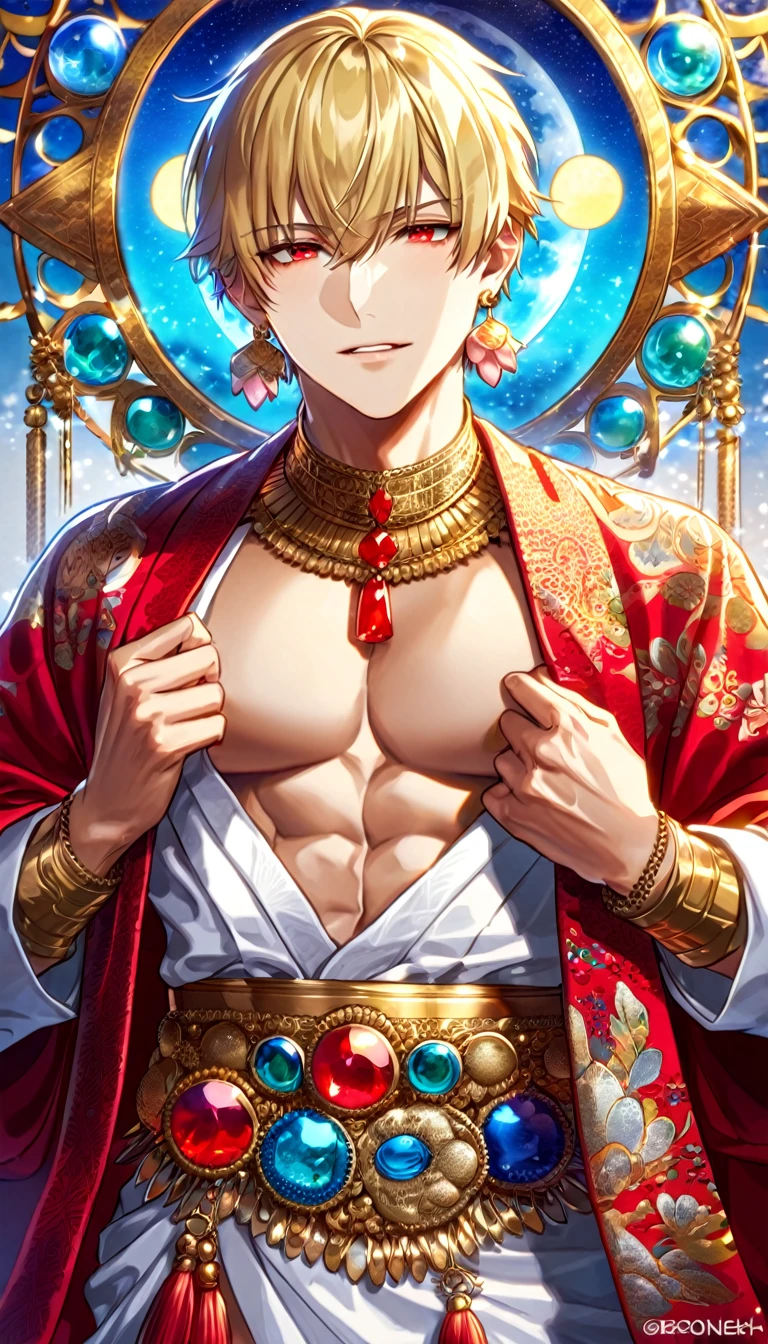 (absurdres, highres, ultra detailed, HDR) master piece, best quality, perfect face, delicated features, Gilgamesh, blonde hair, with bangs, short hair, expressive red eyes, fate/grand order, solo, sexy man, handsome, toned chest, red haori, white kimono with accessories, patterns, golden earrings, arabian, pink lotus, water, magical moon
