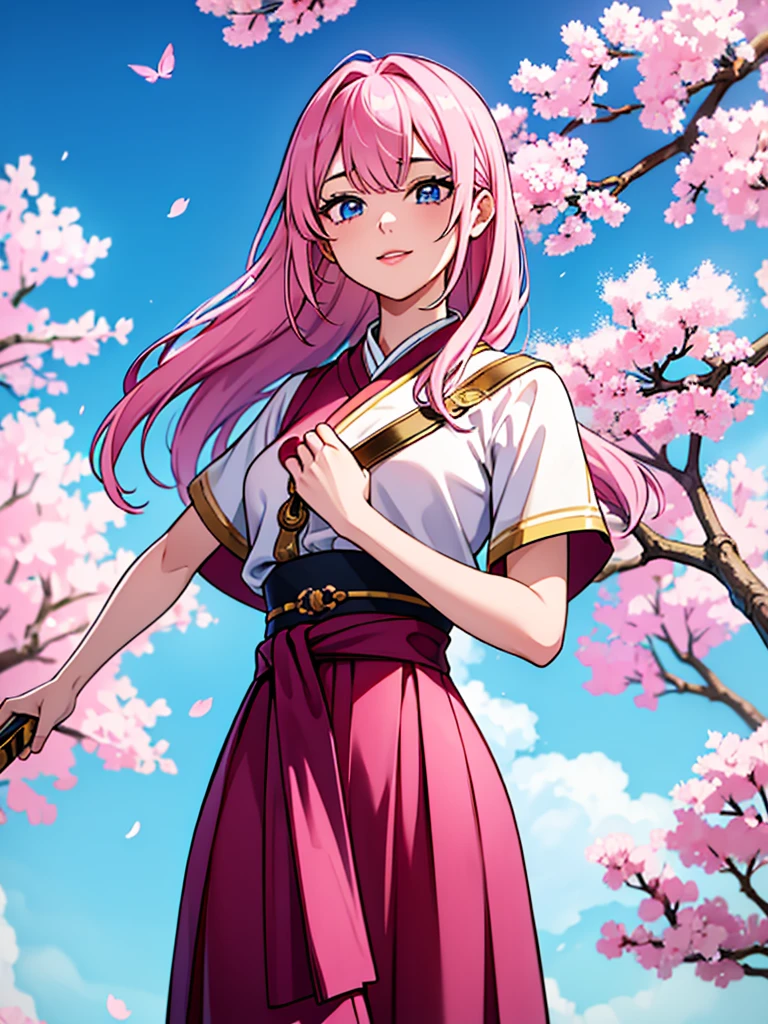 20 year old woman, alone, hair with bangs, gold hair mixed with a little pink, visible to the waist, wearing keqing style clothes, her clothes closed, carrying a gold long sword, bright blue eyes, with a cheerful face, sky and cherry blossoms in the background, with hair long flowing, with sweet pink lips, the person is in the middle of the frame, there is a butterfly decoration.