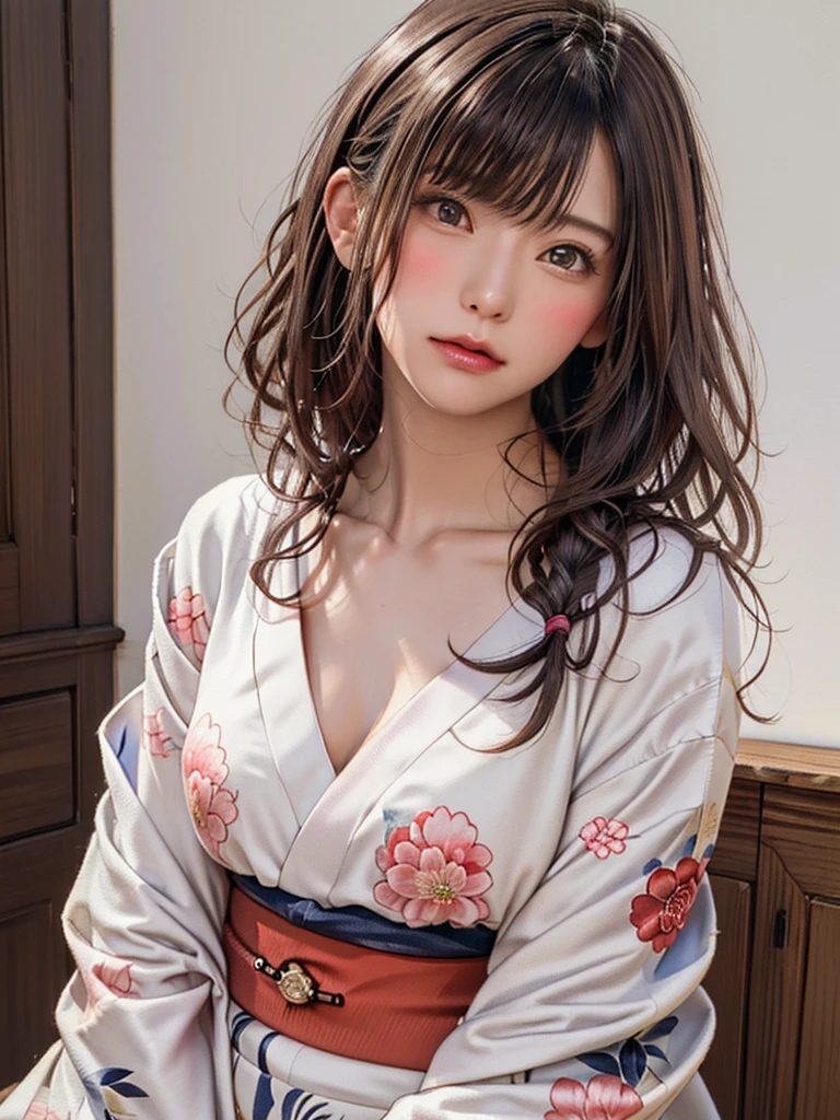 (highest quality、8k、32k、masterpiece)、(masterpiece,up to date,Exceptional:1.2), anime,One girl,Front hair,black_hair, Beautiful 8k eyes,Looking_in_Audience,One person in,Are standing,((Very beautiful woman, Fuller lips, Japanese pintern kimono))、((Colorful Japanese kimono)))、(((Medium Shot)))、Blunt bung、(High resolution)、Very beautiful face and eyes、1 girl 、Round and small face、Narrow waist、delicine body、(highest quality high detail Rich skin details)、(highest quality、8k、Oil paints:1.2)、Very detailed、(Realistic、Realistic:1.37)、Bright colors、(((blackhair)))、(((Blunt bung,Long Hair)))、(((cowboy pictures)))、((( Inside an old Japanese house with a (short focus lens:1.4),)))、(masterpiece, highest quality, highest quality, Official Art, beautifully、aesthetic:1.2), (One girl), Very detailedな,(Fractal Art:1.3),colorful,Most detailed,Sengoku period(High resolution)、Very beautiful face and eyes、1 girl 、Round and small face、Tight waist、Delicine body、(highest quality high detail Rich skin details)、(highest quality、8k、Oil paints:1.2)、(Realistic、Realistic:1.37)、Greg Rutkowski Written by Alphonse Mucha Ropp,short ,uchikake,nishijin ori,(realistic light and shadow), (real and delicate background),(muted colors, dim colors, soothing tones:1.3), low saturation, (hyperdetailed:1.2), (noir:0.4),drow,blurry_light_background, (vibrant color:1.2), cinematic lighting, ambient lighting,Single Shot,Shallow Focus,pink lip,blurry light background,