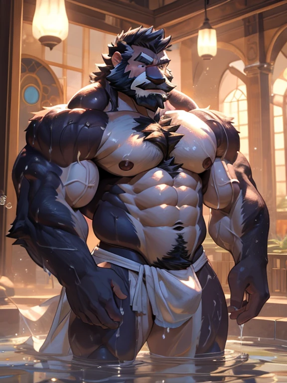 burly virile hairy man, a himbo muscle daddy, middle-aged dilf, hirsute, overmuscular and musclebound, bulging veiny muscles, bushy beard and thick mustache, grey hair, a bodybuilder's physique, a warrior's build, chest and belly covered with a lush and thick carpet of hair, hairy chest, hairy abs, hairy arms and legs, wet and covered in bubbles and white foam as he washes himself in the public bath, scrubbing his body